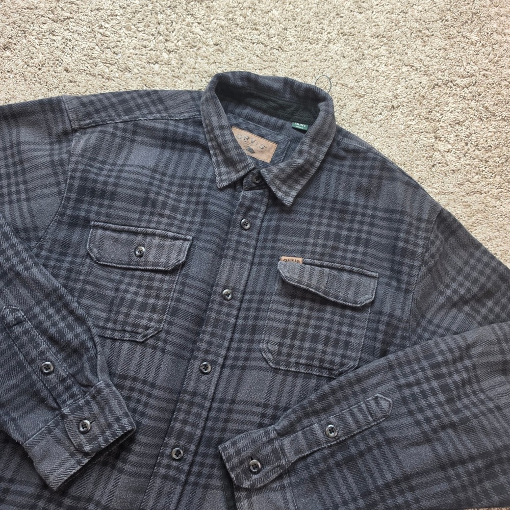 Orvis Plaid Flannel Shirt Mens XXL 2XL Gray Black Cotton Blend Outdoor Adult